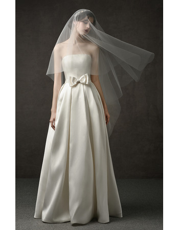 Tailored Simple A-Line Strapless Full Length Pleated Satin Wedding Dresses with Bow