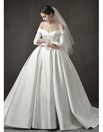 Junoesque Off-the-shoulder Pleated Skirt Satin Wedding Dresses with Long Sleeves
