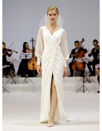 Simple Deep V-neckline Chiffon Wedding Dress with Bishop Sleeves and Thigh-high Skirt