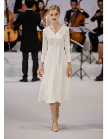Simple V-Neck Tea Length Satin Wedding Dresses with 3/4 Length Sleeves