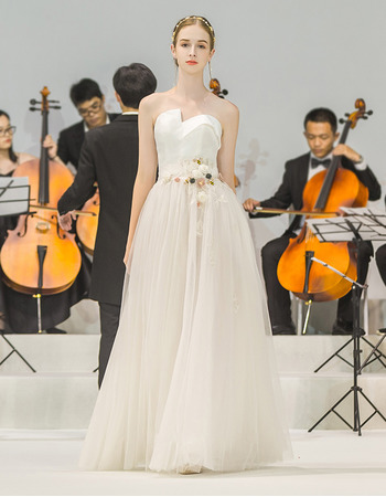 Romantic Asymmetrical Strapless Floor Length Wedding Dresses with Hand-made Flowers
