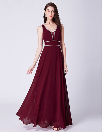 Discount Beaded Double V-Neck Full Length Chiffon Evening Party Dresses