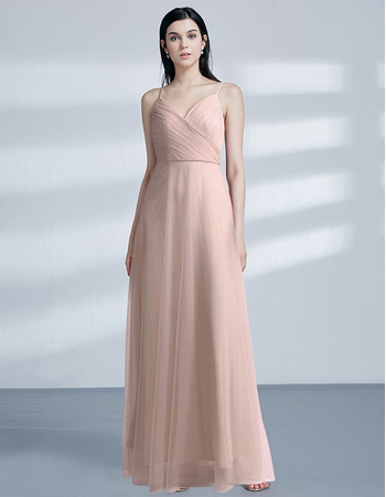 Simple Slender Straps Ruched Bodice Floor Length Tulle Evening Dresses