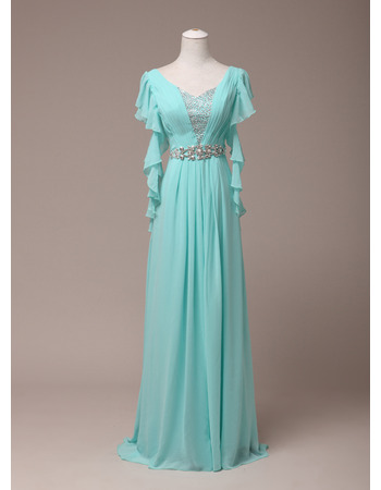 Crystal Beaded Waist Pleated Chiffon Evening Dress with Ruffled Flutter Sleeves