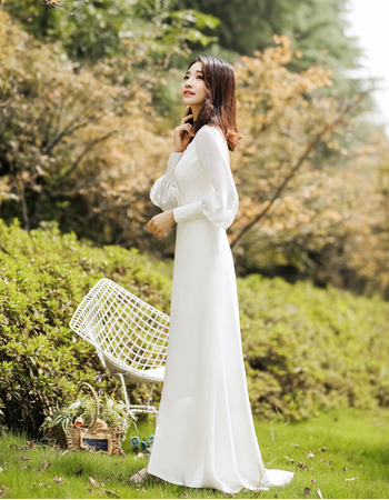 Simple Plunging V-back Satin Wedding Dresses with Bishop Sleeves and Split Front