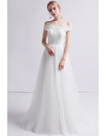 Classy A-Line Off-the-shoulder Full Length Tulle Wedding Dresses with Lace Bodice
