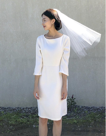Simple Elegant Column Knee Length Satin Bridal Dresses with Half Sleeves