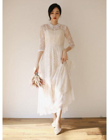 Lovely Doll Collar Ankle Length Lace Bridal Dresses with 3/4 Long Sleeves