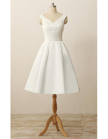 Tailored A-Line V-Neck Shirred Detail Knee Length Wedding Dresses with Beading Appliques Bust