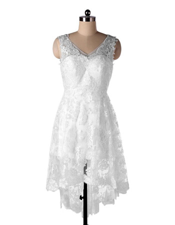 Affordable A-Line Double V-Neck High-Low Lace Beach Wedding Dresses