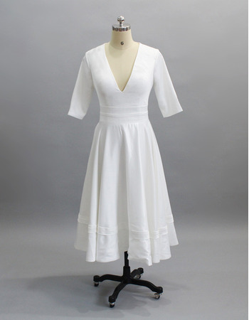 Simple Deep V-neckline Tea-Length Satin Bridal Dresses with Half Sleeves