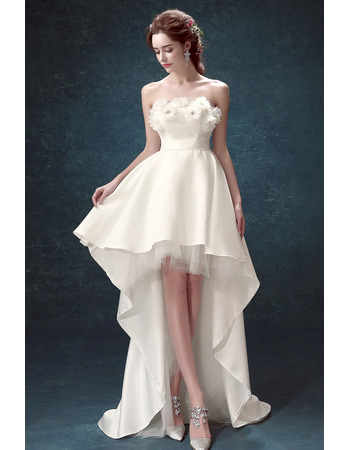 Romantic A-Line High-Low Satin Wedding Dresses with 3D-flowers and Crystal Detailing