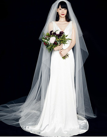 Simple Sheath Double V-Neck Satin Wedding Dresses with Pleated Detail