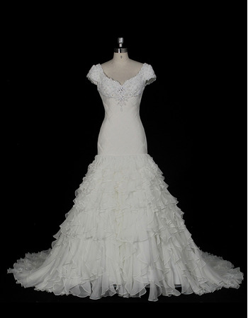 Gorgeous Crystal Beading Court Train Chiffon Wedding Dresses with Exquisitely Ruffle Layered