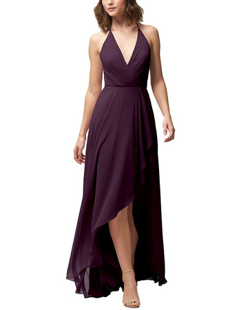Simple Discount V-Neck High-Low Chiffon Bridesmaid Dresses with Slight Pleated Detail