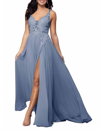 Sexy Wide Straps V-Neck Chiffon Beaded Applique Bodice Bridesmaid Dress with Side High Slit