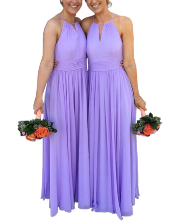 Simple Halter Neck Full Length Pleated Chiffon Bridesmaid/ Evening Dresses with Keyhole