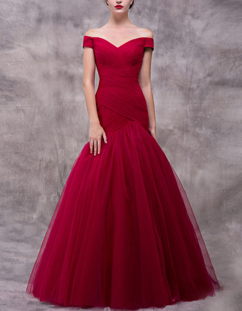 Elegance Mermaid Off-The-Shoulder Pleated Tulle Evening Dresses with Crossover Draped Bodice