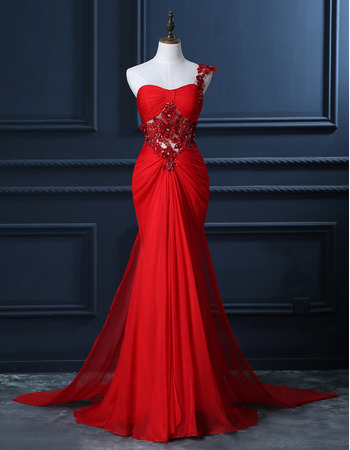 Sexy One Shoulder Chiffon Evening Dresses with Crystal Beaded Floral Applique Illusion Waist