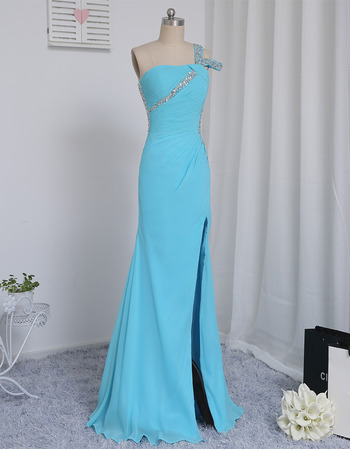 Stylish Beaded Backless Prom Evening Dresses with Asymmetrical Ruching and Split Skirt