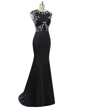 Dramatic Round/Scoop Neckline Black Prom Evening Dresses with Beaded Bodice and Open Back