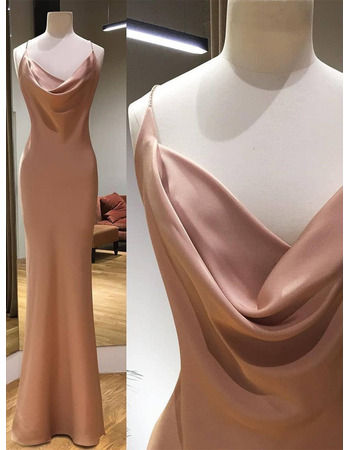 Simple Slender Straps Satin Evening Dresses with Cowl Neck and Sexy Backless