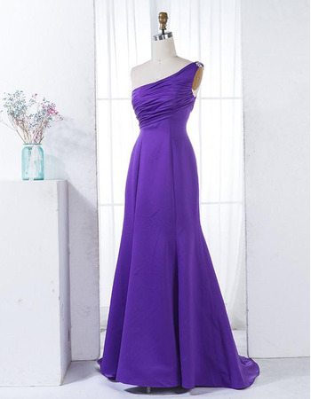 Simple One Shoulder Satin Evening Dresses with Ruched Bodice
