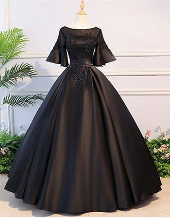Ball Gown Round/Scoop Neckline Beading Appliques Satin Evening Dresses with Bell Sleeves