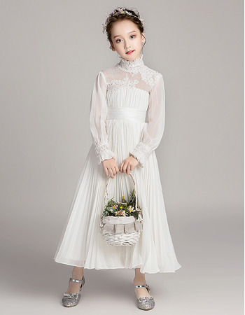 Charming Ruffled High Neck Chiffon Pleated Flower Girl Dress with Long Sleeves