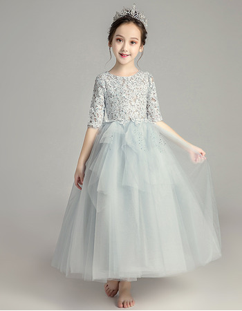 Pretty A-Line Lace Bodice Little Girls Party Dress with Half Sleeves