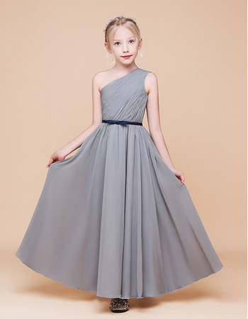Discount A-Line One Shoulder Ankle Length Chiffon Flower Girl Dress with Ruched Bodice