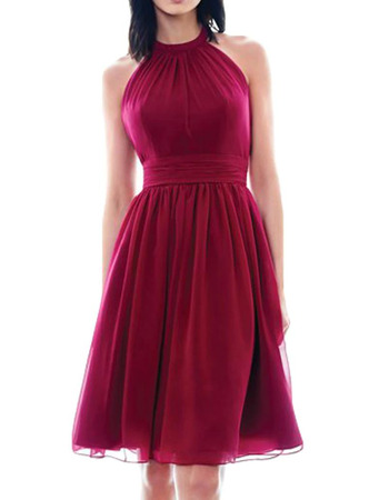 Simple Halter-neck Knee Length Satin Tulle Homecoming/ Prom Dresses with Ruching Detail