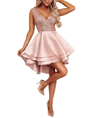 Sparkle & Shine Sequin Bodice Homecoming Dresses with Layered Hi-low Satin Skirt