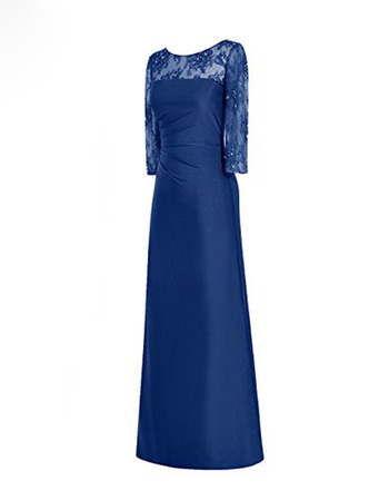 Elegant Lace Neckline Full Length Satin Mother Dresses with 3/4 Long Sleeves