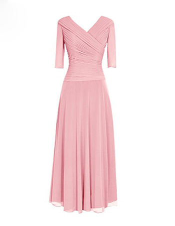 Elegant Ruched Bodice Surplice V-neckline Full Length Chiffon Mother Dress with 3/4 Long Sleeves