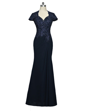 Gorgeous Delicate Beaded Lace Bodice Sheath Full Length Chiffon Mother Dress with Short Sleeves