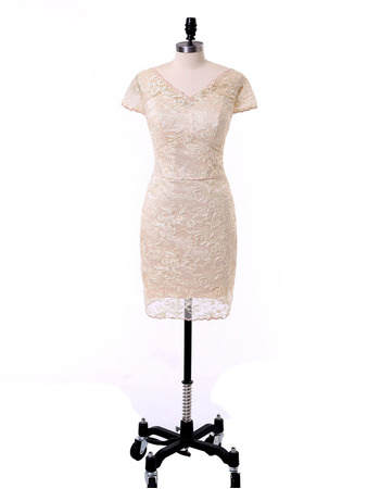Affordable Column Double V-Neck Lace Mother Dress with Short Cap Sleeves