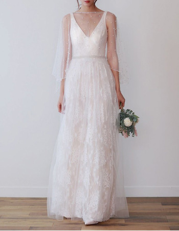 Beautiful V-Neck Lace Wedding Dresses with Crystal Waist and Beaded Tulle Wrap