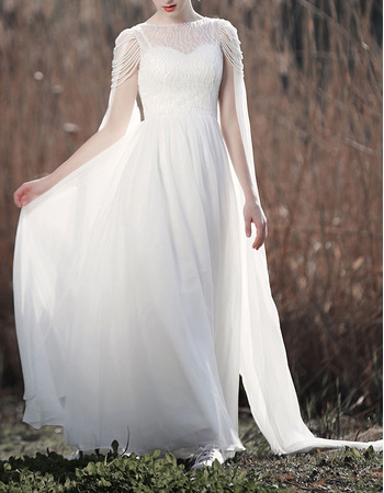 Gorgeous Beaded Illusion Neckline Chiffon Wedding Dresses with Cape Drapes Over Shoulders