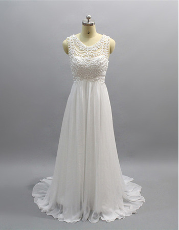 Flowing Pleated Chiffon Skirt Wedding Dresses with Delicate Beaded Embroidered Bodice