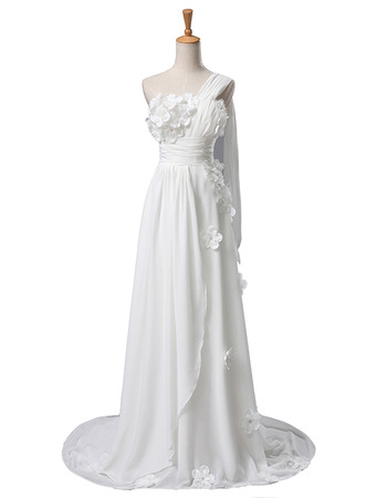 Romantic One Shoulder Chiffon Wedding Dresses with Floral Applique 