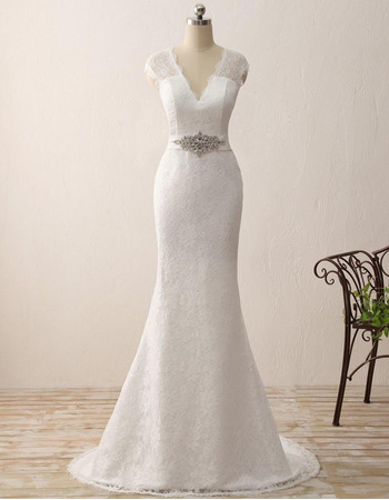 Elegance V-Neck Ivory Lace Wedding Dresses with Illusion Back and Crystal Sashes