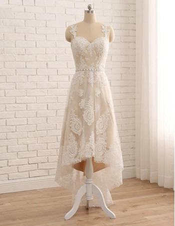 Pretty Appliques Tulle Wedding Dresses with Asymmetrical Hem Skirt