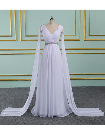 Graceful White Pleated Chiffon Wedding Dresses with Cape Sleeves and Crystal Waist