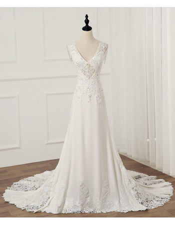 Alluring Lace Appliques Chiffon Wedding Dresses with Dramatic Illusion Back and Beaded Fringe