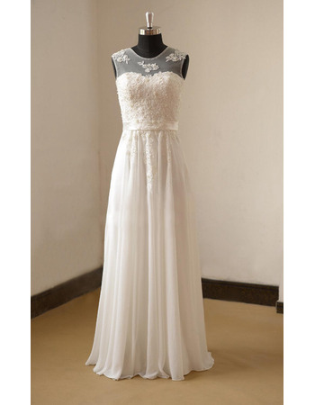 Pearl Appliques Illusion Neckline Wedding Dresses with Chiffon Skirt