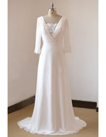 Head-turning Deep V-neckline Chiffon Wedding Dresses with 3/4 Length Sleeves