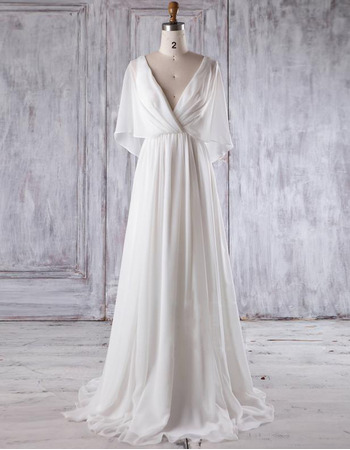 Simple Double V-Neck Ivory Chiffon Wedding Dresses with Flutter Sleeves