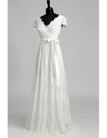 Elegantly Double V-neckline Lace Wedding Dresses with Cap Sleeves