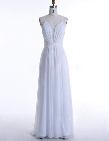 Simple Plunging Illusion V-Neck White Chiffon Wedding Dresses